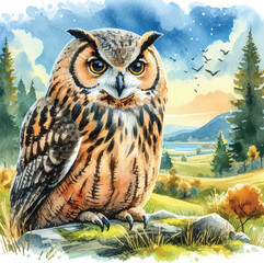 Watercolor style clipart of a cute owl birds on a stone isolated white background.