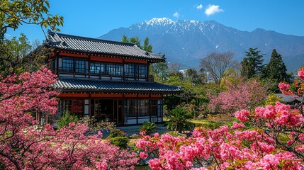 Serene Japanese House amidst Cherry Blossoms and Majestic Mountains