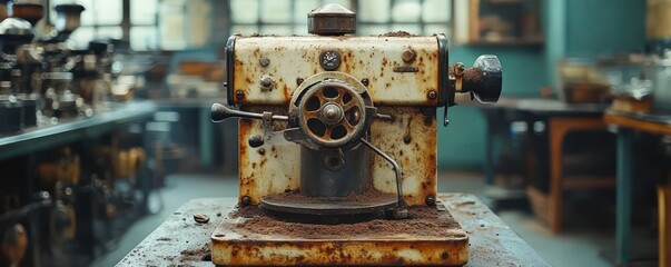Fototapeta premium Vintage Rusty Coffee Machine in an Industrial Workshop with Retro Style
