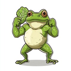 Fototapeta premium Confident green frog cartoon sticker holding lettuce vegetable leaves showing off muscular arms symbolizing the power of eating healthy, vegetarian, vegan promote, white background 