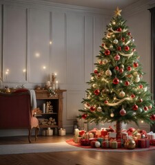 Beautifully decorated Christmas tree with ornaments and lights, branches, decoration