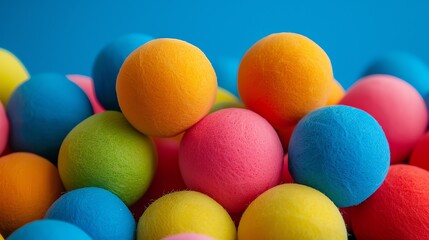 Colorful balls of yarn are arranged in a random pattern on a blue background.