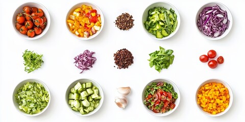 Colorful bowls of chopped vegetables, herbs, and spices for a healthy salad.