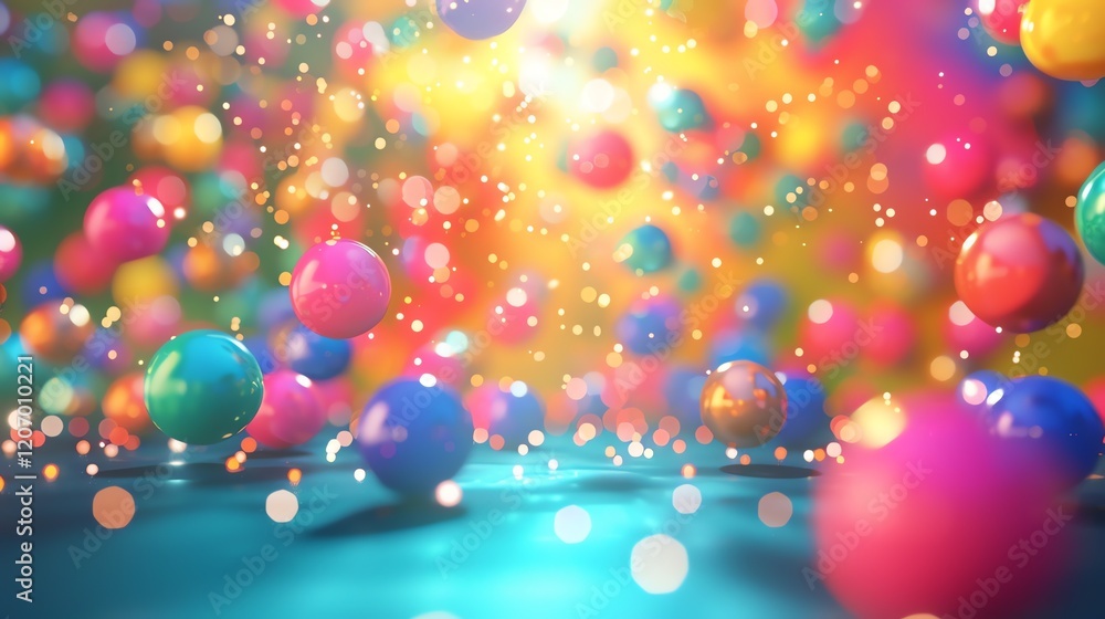 Poster colorful 3d spheres falling in slow motion against a bright multicolored background with a shiny ref