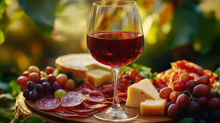 glass of red wine sits elegantly beside charcuterie board filled with assorted cheeses, meats, and fresh grapes, creating delightful and inviting atmosphere