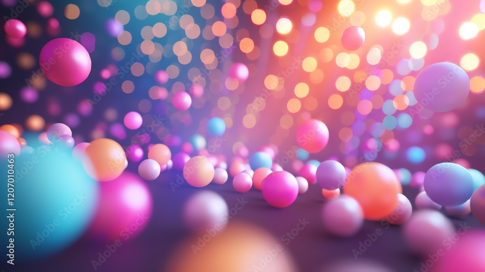 Poster 3d rendering. pink, blue, green and yellow balls of different sizes on a dark background. the balls 