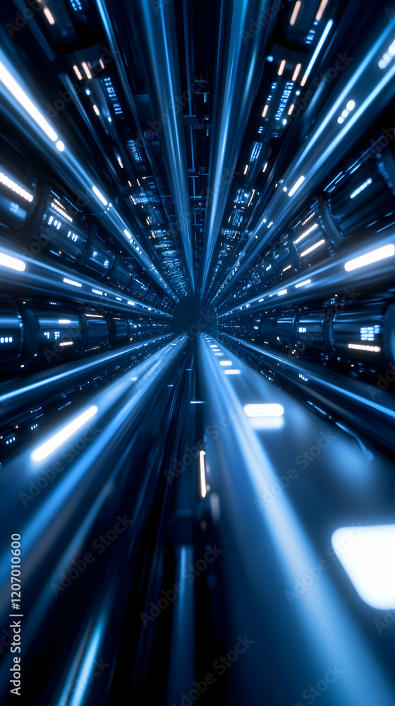 Poster a futuristic tunnel of blue light, symbolizing high-tech speed and innovation. ideal for representin