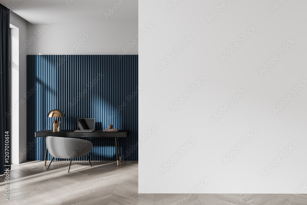 Poster minimalist workspace with blank wall as background. 3d rendering