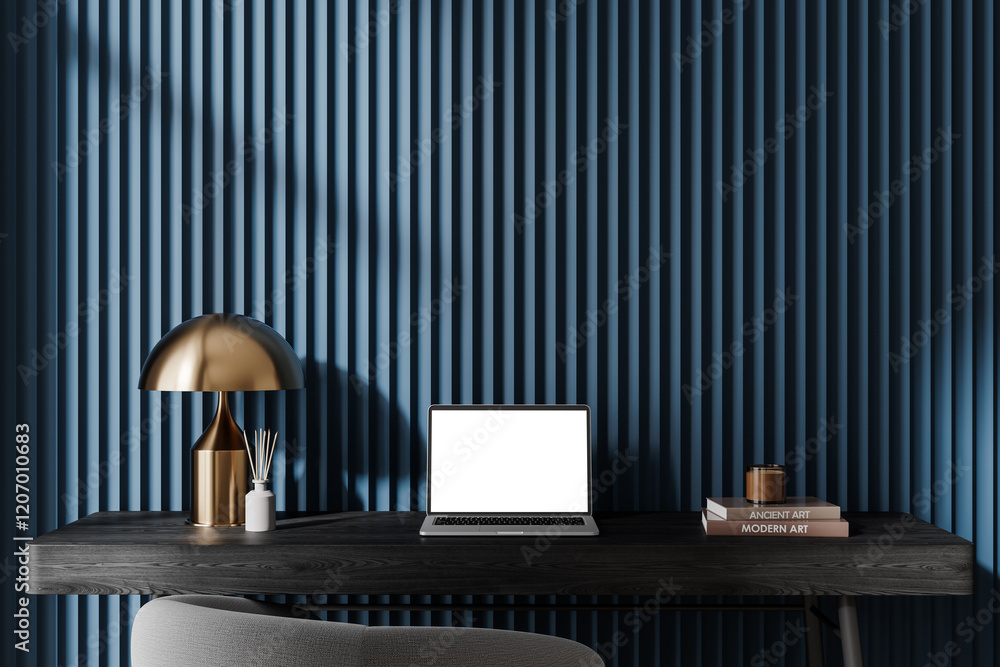 Poster laptop on modern desk with blank screen for mockup display. 3d rendering