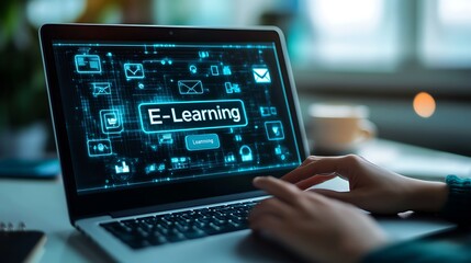 A person using a laptop computer with digital icons