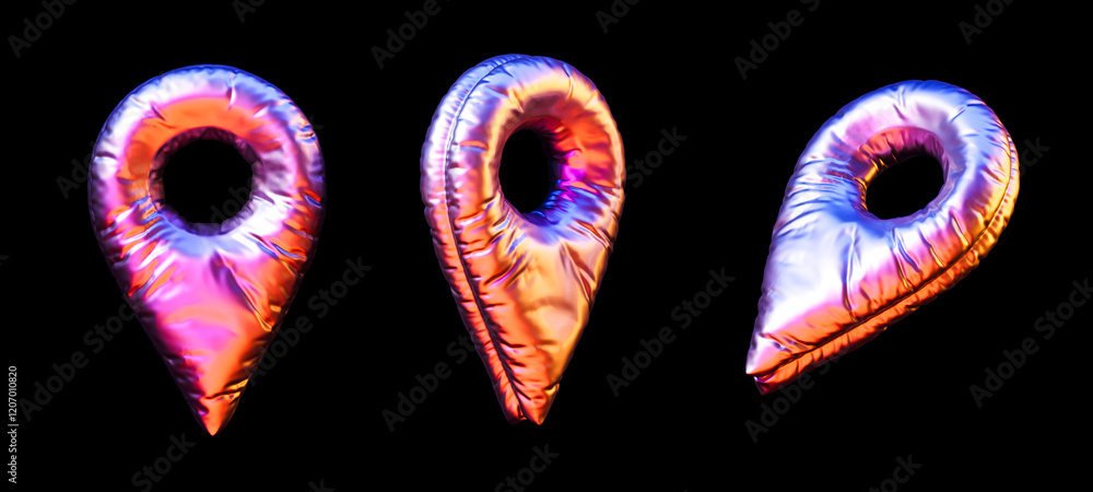 Poster metallic gradient pin-shaped objects with glossy textures and vibrant colors on a dark background. 3