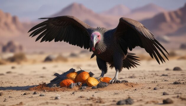Black vulture Aegypius monachus feeding on carrion in a barren landscape, environmental protection, bird species, conservation