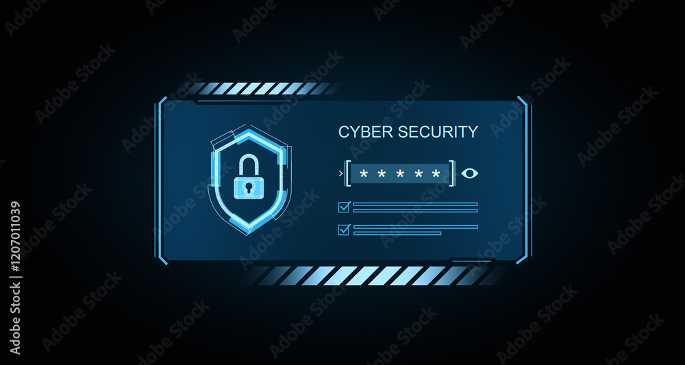 Poster cybersecurity concept with glowing shield, password field, and checkboxes on futuristic blue interfa