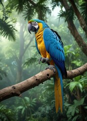 Fototapeta premium Blue macaw resting on a branch in the rainforest canopy, tropical environment, timber, branch