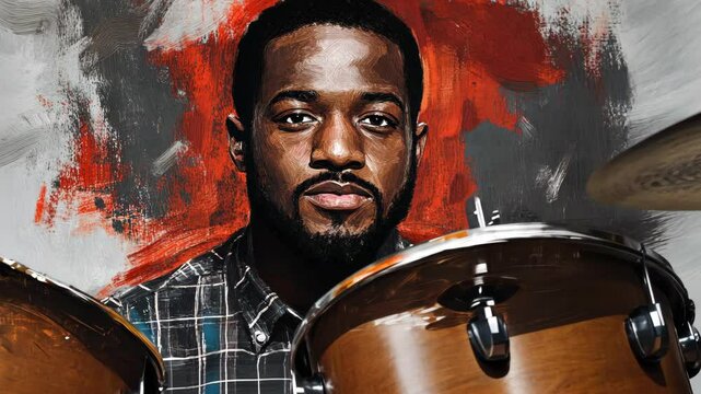 Musician plays drums passionately against a vibrant background during a lively jam session in an urban studio