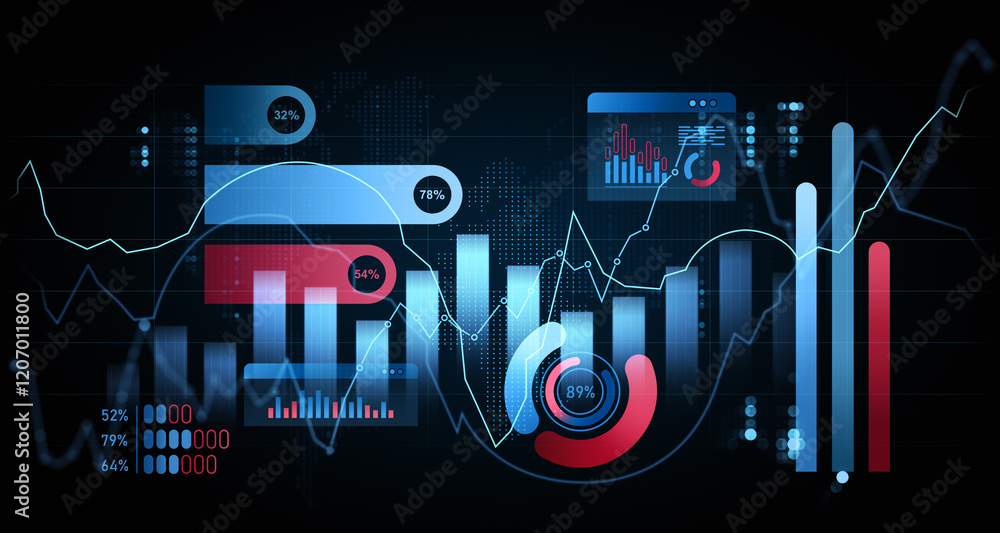 Poster data visualization with graphs, charts, and infographics on a digital interface. 3d rendering