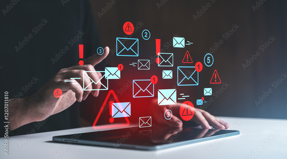 Poster digital email notifications hovering over a tablet screen.