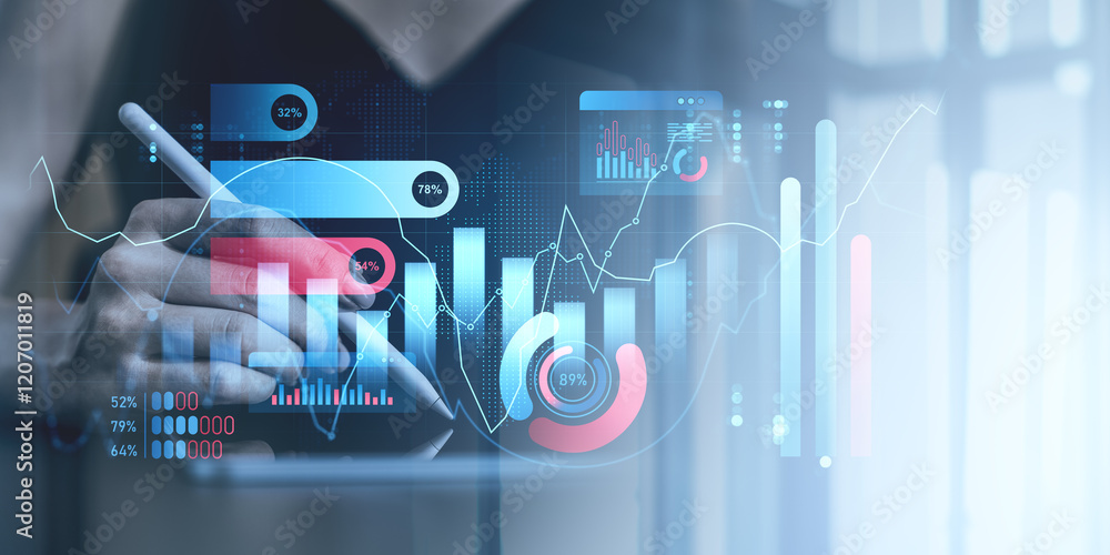 Poster digital financial graphs and charts overlaying a person using a stylus on a digital device.