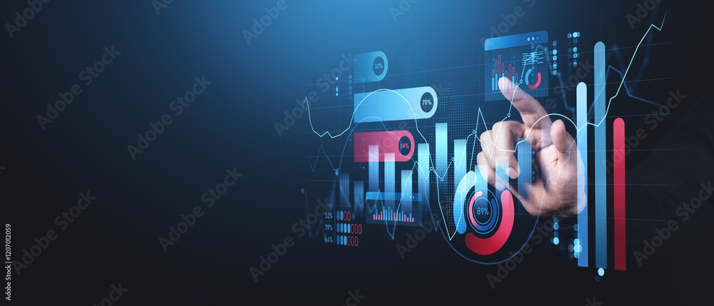 Poster digital financial analytics interface with charts and graphs on blue background.