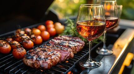 Grilled Steaks and Cherry Tomatoes with Glasses of Rosé Wine on a Summer Evening, Capturing the Essence of Outdoor Dining and Culinary Enjoyment