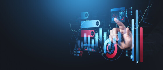 Digital financial analytics interface with charts and graphs on blue background.