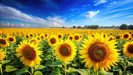 Fototapeta premium Bright yellow sunflowers in a field with dark green grass and a clear blue sky, floral pattern, botanical print, sunflower wallpaper, sunny day, nature background