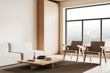 Fototapeta premium Modern minimalist living room with beige tones, wooden furniture, and large windows overlooking a scenic view. 3D Rendering