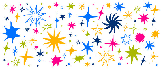 Colorful set of hand drawn vector stars and sparkles, doodle style
