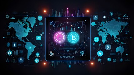Fototapeta premium advanced visualization of international marketing and finance, highlighting a bright dollar sign on a world map, with interconnected nodes and a hand holding a card representing digital payments.