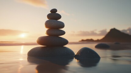 Zen Stones at Sunset on Beach