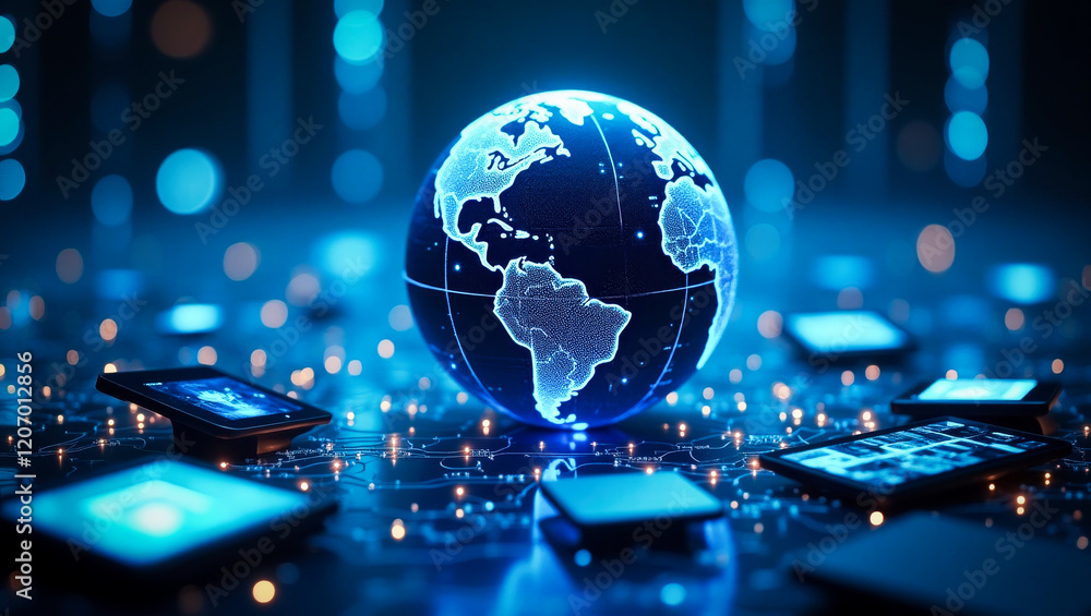 Wall mural a blue high tech earth globe in a technology setting. communications concept.