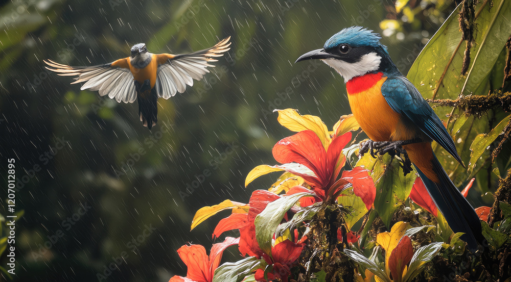 Poster An enchanting view of the Amazon jungle with minimal light filtering through the dense canopy, creating a dramatic and shadowy atmosphere. Vibrant, colorful birds like Hummingbirds flying about.