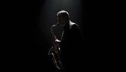 Naklejka premium Detalle de hombre músico tocando el saxofón tenor. Escenario con fondo negro