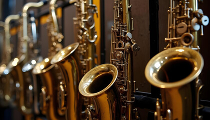 Obraz premium Fila de saxofones en una tienda de instrumentos musicales