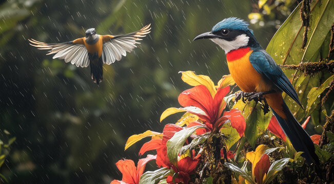 An enchanting view of the Amazon jungle with minimal light filtering through the dense canopy, creating a dramatic and shadowy atmosphere. Vibrant, colorful birds like Hummingbirds flying about.