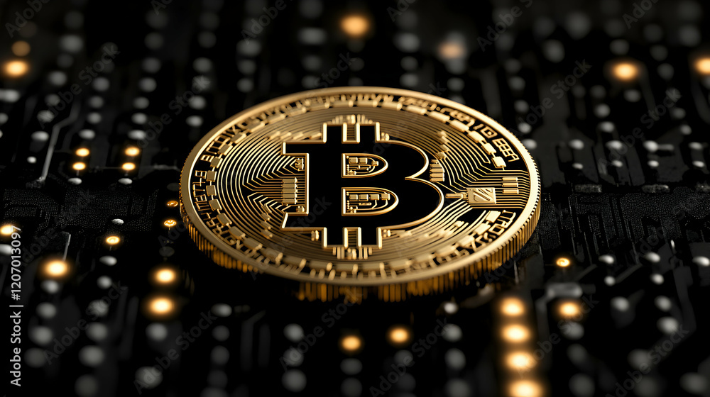 Poster a close-up view of a bitcoin coin on a digital circuit background, symbolizing cryptocurrency and in
