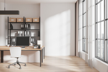 Modern office interior with desk, chair, and shelves in bright open space. 3D Rendering