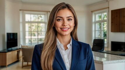 Fototapeta premium Confident young woman in business suit smiling against the background of a modern house.
