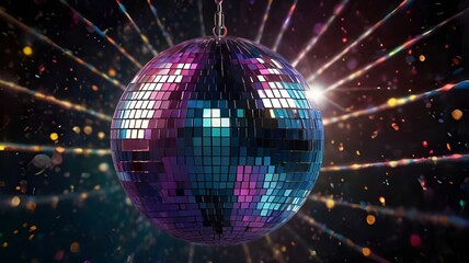 Obraz premium close-up of a shimmering disco ball with multicolored reflections, set against a dark background with scattered light beams.