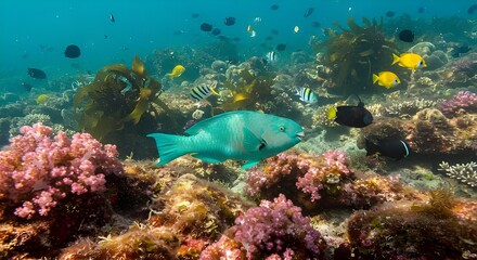Fototapeta premium vibrant coral reef teeming with life, including a prominent turquoise parrotfish and several other brightly colored fish.