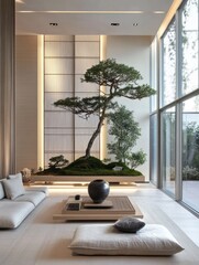 Modern Zen Living Room with Bonsai Tree and Minimalist Decor