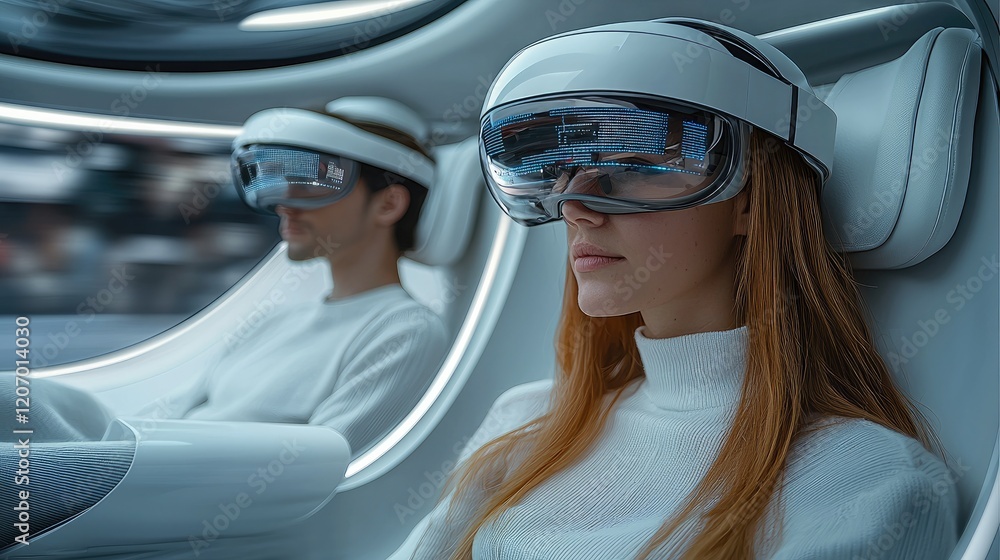 Aufkleber a futuristic, inside an autonomous vehicle with passengers wearing advanced vr glasses designed to r