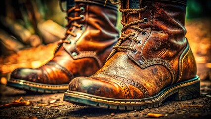 Close-up Macro Shot of Worn Leather Boots, Detailed Texture,  Outdoor Adventure Gear