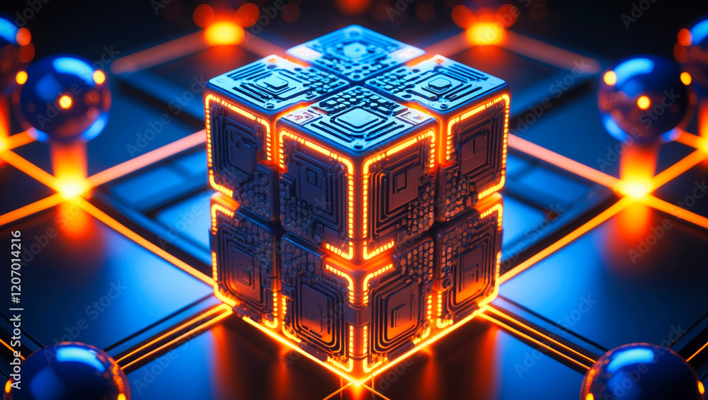 Poster an abstract futuristic, abstract technology 3d cubes structure, with intricate circuit patterns on t