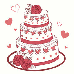 Delicious Valentines Cake for Love Celebration, coquette cake, vintage cake, wedding cake, birthday cake, heart cake. Sweet Treat for Romantic Occasions, Valentines Day design illustration clipart 