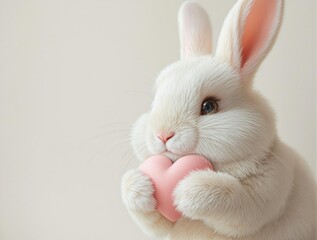Close up of cute white bunny holding heart with kindness, affectionate bunny, symbol of affection