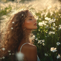 Naklejka premium A 40 year old woman standing in a forest of flowers with the sun light on her face.