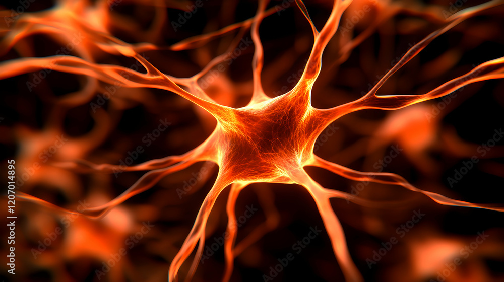 Poster a detailed close-up of a neuron showcasing intricate structures and vibrant colors, representing the