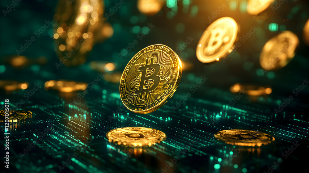 Poster a visually stunning representation of cryptocurrency with floating bitcoin coins surrounded by glowi