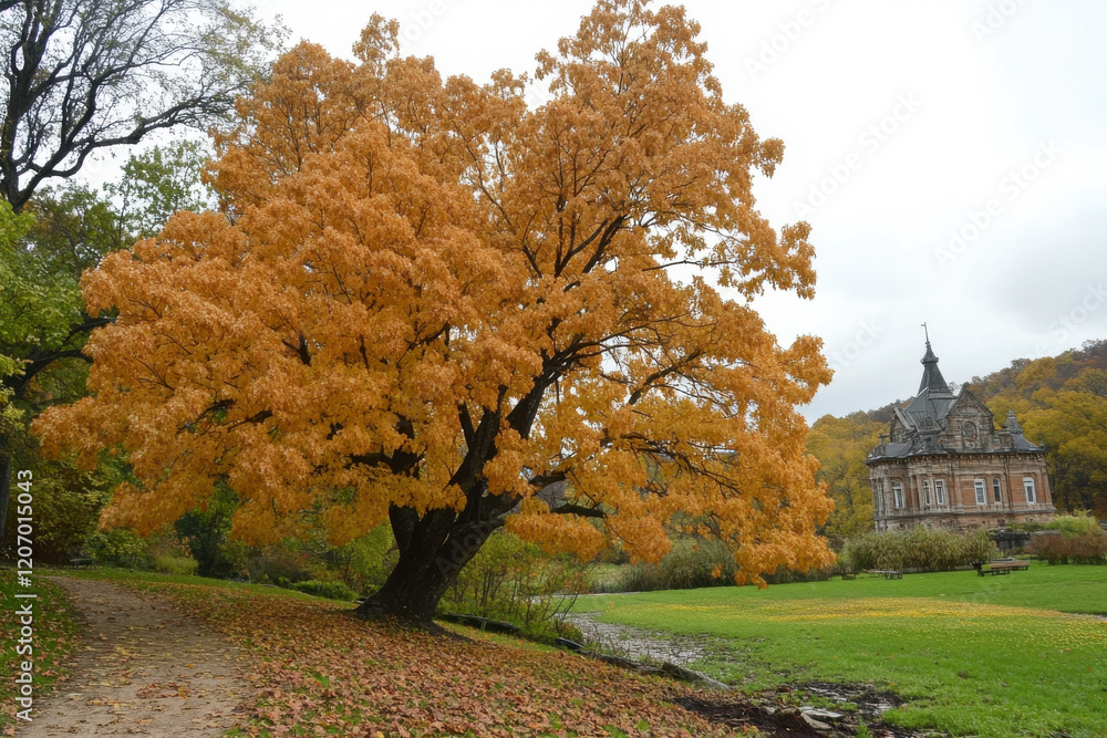 Poster a large tree with yellow leaves is in front of a building
